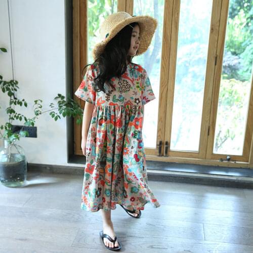 Summer Girls Cotton Linen Dress Kids Short Sleeve Floral Print Korean Casual Style Dresses Childrens Clothing Princess Dress