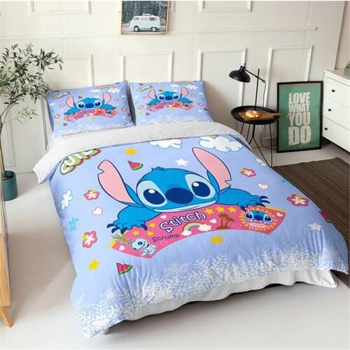 Disney Cartoon Bedding Set Blue Lilo & Stitch Pattern Pillowcase Cartoon Boys Twin Queen Duvet Cover Set