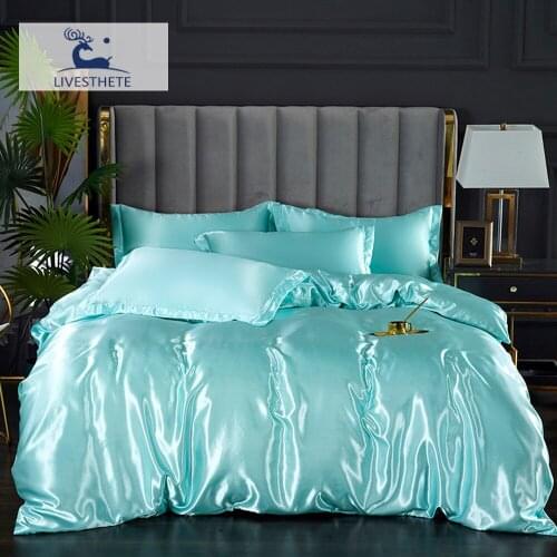 Liv_Esthete Blue Adult Kids Satin Silky Bedclothes Luxury Double Single Duvet Cover Bedding Set Pillowcase Shiny Bed Linen Set