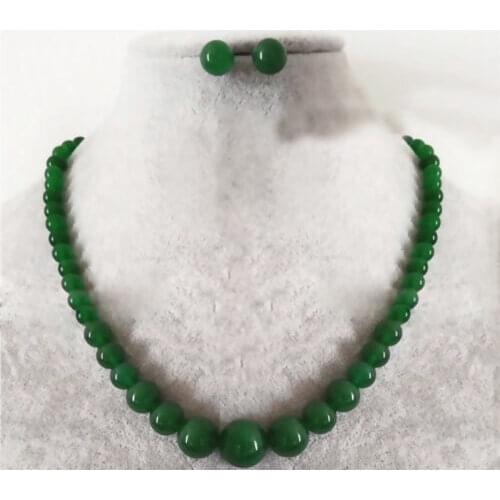 Fashion 6-14mm Natural Green Jade Round Gemstone Beads Necklace 18INCH Earring Set