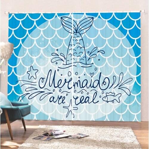 Cartoon Of Mermaid Window Curtains 3D Print Colorful Fish Scales Window Drapes Home Custom Rainbow Cartoon Window Treatment