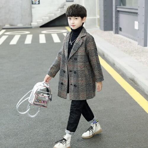 5-14T Boys Woolen Coat For Winter 2020 New Fashion Plaid Turn Collar Thick Warm Woolen Jacket Gray/khaki High Quality