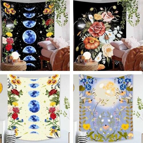 Psychedelic Moon Starry Tapestry Flower Wall Hanging Room Blue Star Sky Carpet Dorm Tapestries Art Home Decorative Accessories