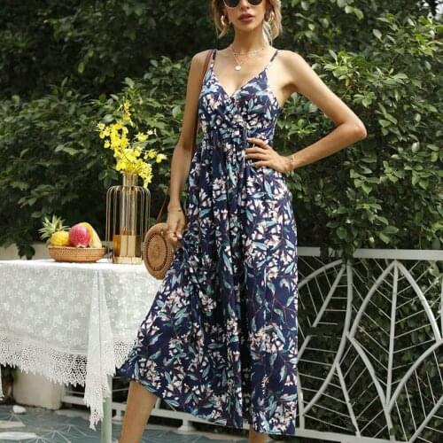 QINJOYER Women Floral Print Maxi Dresses V Neck Sleeveless Dress 2021 Summer Women Casual Beach Dresses Party Dresses Ladies