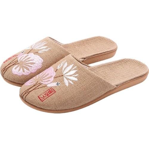 Mens and womens Baotou slippers embroidered Japanese style linen couple shoes summer breathable ladies slippers