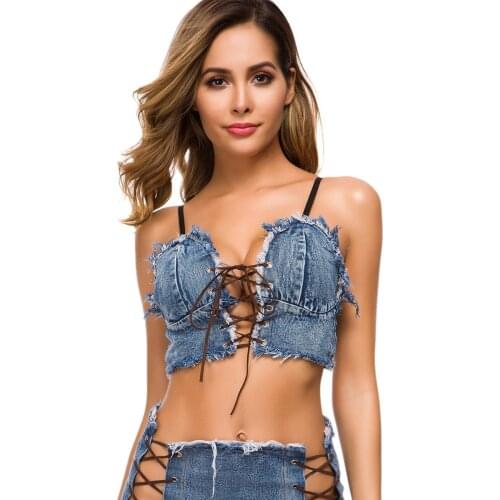 Summer Womens Sexy Denim Bandage Crop Tops Streetwear Casual Super Short Tank Top Female 2021