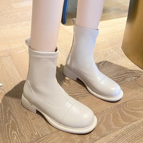 Lucyever Comfortable Soft Pu Leather Ankle Boots Women Autumn Slip-on Med Heels Casual Botas Mujer 2021 Black White Short Boots