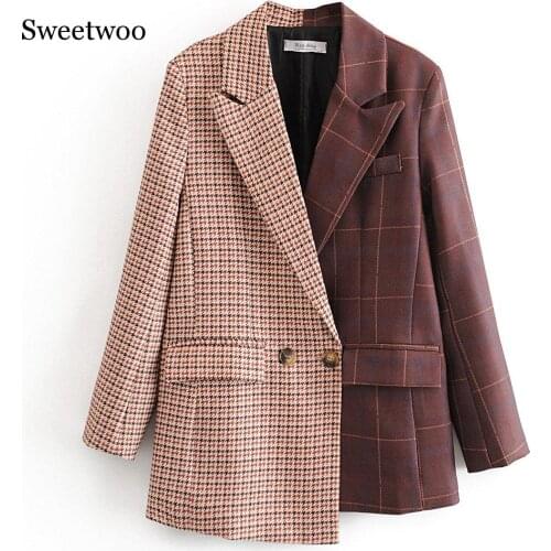 2020 Spring New Women Suits Plaid Long Blazer Vintage Spliced Asymmetrical Jacket Ladies Double Breasted Coat khaki