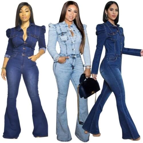 Fashionablw Women Solid Light Washed Denim Jumpsuits Plus Size Lady Autumn Single-breasted Puffy Sleeve Skinny Flared Rompers