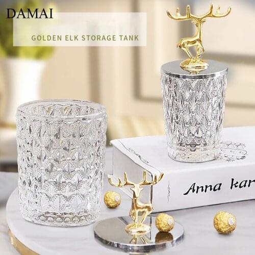 Golden Deer Glass Storage Jar with Lid American Gilded Elk Decorative Candy Pot Snack Jar Grain Dispenser Living Room Decoration
