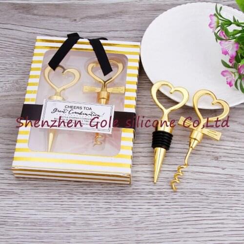 1000pcs(500sets)/lot Cheers To A Great Combination Gold Wine Set Bottle Opener Cork Screw and Stopper Wedding Souvenirs