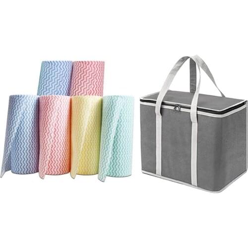 2 Pcs Insulated Reusable Grocery Bags - Heavy Duty Shopping Bag & 6 Rolls Disposable Dish Cloths Cleaning Towel