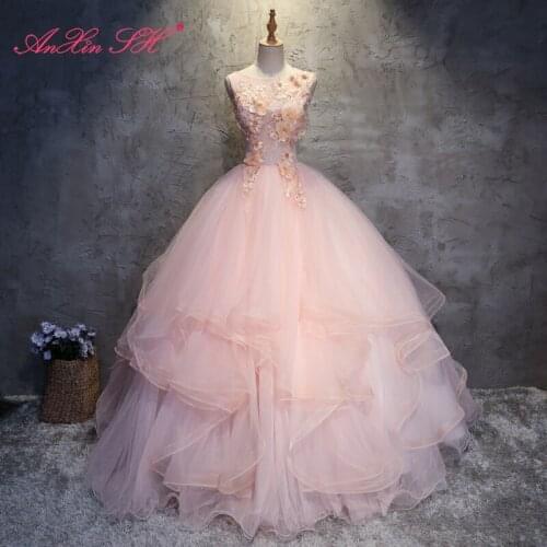 AnXin SH princess pink lace big flower luxury vintage bride beading crystal o neck ruffles ball gown party host evening dress