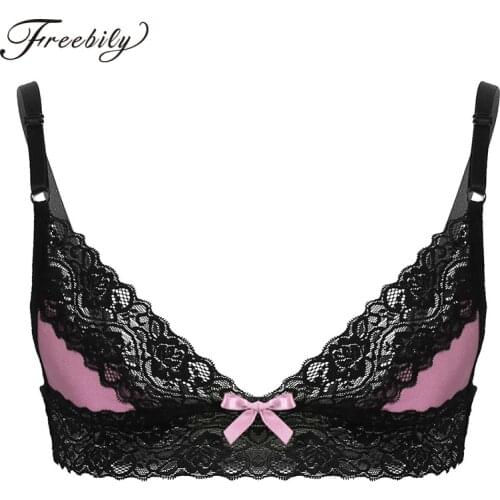Mens Gay Erotic Bras Sissy Nightwear Floral Lace Trim Wire-free Unlined Bra Tops Adjustable Shoulder Straps Sissy Gay Male Bra