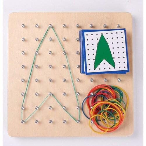 Wooden Montessori Kids Toy Creative Elastic Rubber Tie Geometric Figure Cognition Nail Boards with Cards Preschool Education Toy