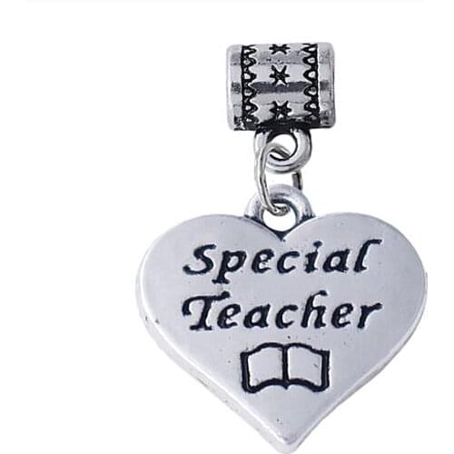 Two sides engraved special teacher heart charm with loose bead fit European bracelet necklace accessory school jewelry