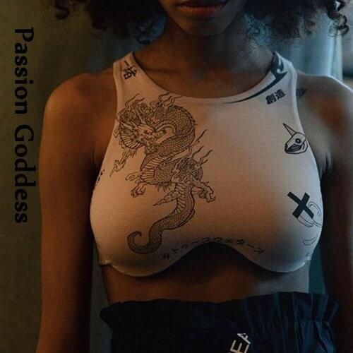 Harajuku Women Irregular Crop Tops Character Dragon Printed Slim Tanks Vest Bustier Summer Jogger Sleeveless Cool Cropped Tops