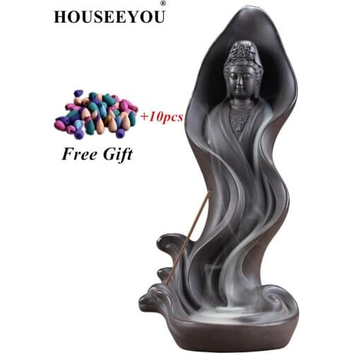 HOUSEEYOU Guanyin Bodhisattva Backflow Incense Burner + 10PCS Cones Ceramic Aromatherapy Aromatic Incense Crafts Tower Holder