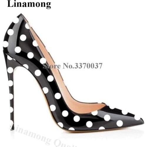 Linamong Classical Pointed Toe Black Patent Leather Wave Point Stiletto Heel Pumps 8cm 10cm 12cm Slip-on High Heels Big Size