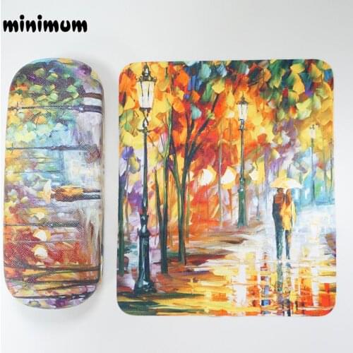 MINIMUM Oil Painting Print Glasses Case Eyeglasses Storage Box Protable Faux Leather Sunglasses Case with 1pcs Glasses Cloth