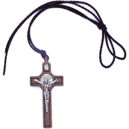 Jesus Cross Necklace Wood Metal Pendant Jewelry Men Womens Catholic Religious M68E