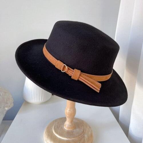 New European American Winter Designer Style Top Hat PU Belt Decoration Flat Top Classical Fedora Hat Derbies Femme Wide Brim Hat