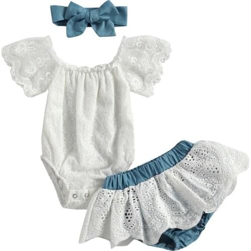 2021 Newly arrived Newborn Toddler Baby Girls Clothes Sets Lace Short Sleeve Romper Tops Tutu Shorts Headband 3pcs Outfit Set
