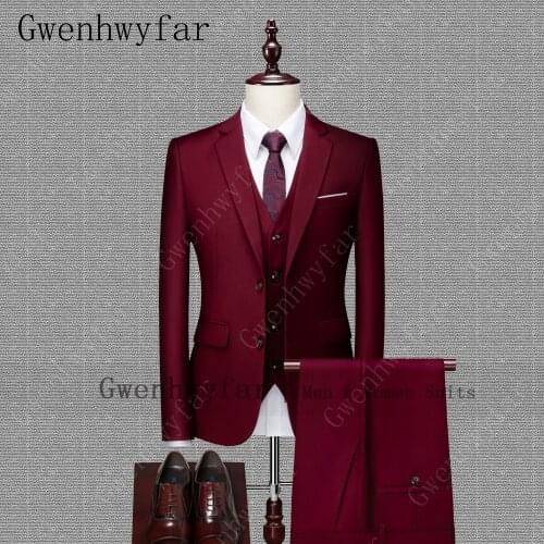 Gwenhwyfar Brand New Men Suit Burgundy Tuxedo Two Button Suits Slim Fit Notched Lapel Costume 3 Pieces With Bowtie Party Singer