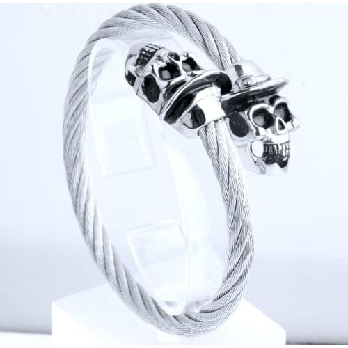 Luxury Braided Charm Open Cuff Men Women Sporty Bangles Silver Color Jewelry Stainless Steel Vintage Skull Head Bracelets