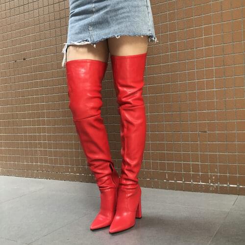 Women Sexy Thigh High Boots for Women Pointed Toe Block Heel Over the Knee High Boots 2020 Winter New Long Boots Red Black Beige