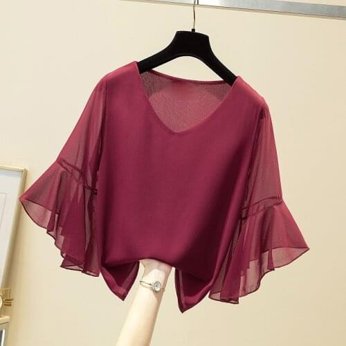 Chiffon Women Blouse Summer New Design 2021 Solid V-Neck Flare Sleeved Loose Elegant Office Lady Pulls Outwear Tops