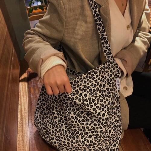 Large Capacity Women Eco Reusable Shopping Bag Leopard Pattern Ladies Canvas Shoulder Bags Student Girls School Tote Handbags