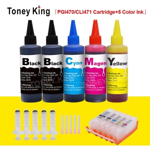 Toney King PGI-470 CLI-471 Refillable Ink Cartridge + 5 Bottle Dye Ink for Canon PIXMA MG5740 MG6840 MG7740 TS5040 Printers