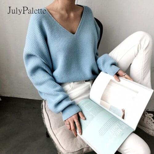JulyPalette 2020 Autumn Winter Womens Knitwear Sexy V-neck Solid Pullovers Tops Korean Irregular Female Knitted Casual Sweaters