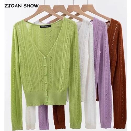 French Style Vintage Knitting Hole Button Through Knitted Crop Cardigan Sweater Woman V-neck Long Sleeve Jumper Knitwear