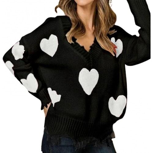 Women Loose Long Sleeve V Neck Knit Pullover Sweater Heart Patch Jumper Tops