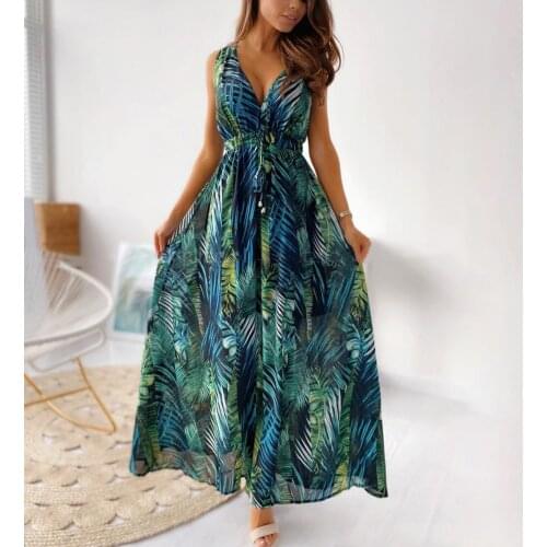 Women Beach Boho Floral Print V-neck Dresses Women Summer Sleeveless Drawstring Waistband Dress for Beach длинное платье в пол