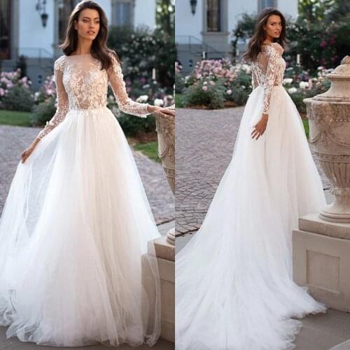 Wedding Dress 2021 Elegant Lace Appliques Long Sleeves O-neck Custom Made Tulle Bridal Gowns With Chapel Train Vestido De Noiva