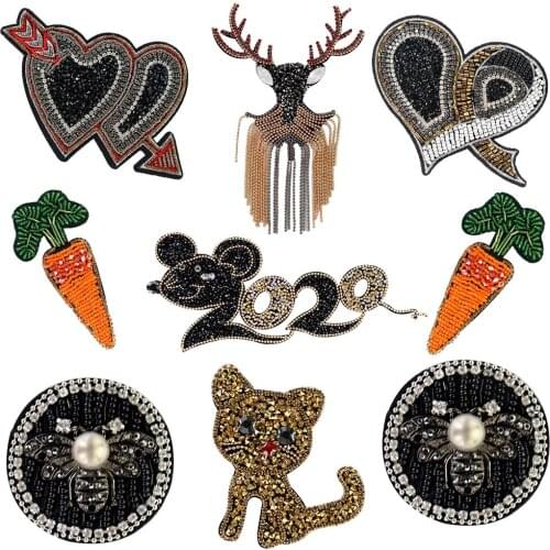 2020Mouse Bead Tassel Deer Patch Crystal Applique Carrot Cat Heat Rhinestones Bee Badge T-shirt DIY Bag Decor Sewing Craft 2pc