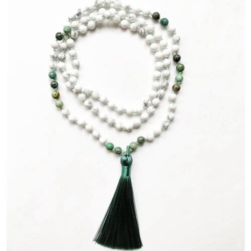 6mm Mala Necklace 108 Natural Stone White Howlite African Stone Bead Prayer Mala Beads 108 Necklace Bracelet Tassel Knotted