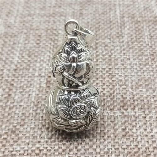 925 Sterling Silver Hollow Gourd Pendant with Coin and Lotus for Necklace