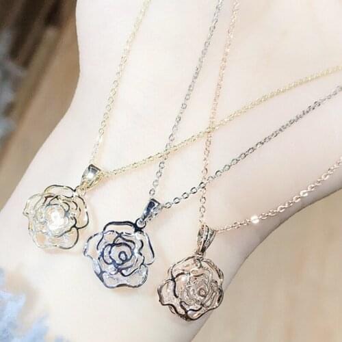 BOTU 2021 New Simplicity Electroplated Flowers Hollow Rose Zircon Necklace Womens Elegant Pendant Necklace for Women