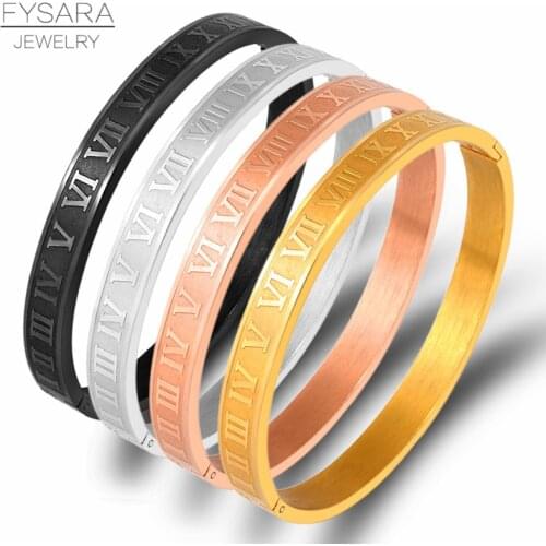 FYSARA Men Women Stainless Steel Rose Gold Color Couple Bracelet Roman Numeral Lover Cuff Bracelet Bangle Wedding Jewelry Gift