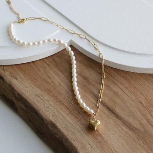 MODAGIRL Half Freshwater Pearl and Cable Chain for Women Fashion Jewelry Stainless Steel 18K Gold Plated Heart Charm Necklace