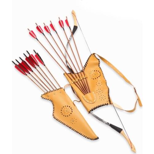 Archery Traditional Recurve Bow Bag Case Holder & Cow Leather Arrow Quiver Set for Traditional Longbow w Adjustable Straps