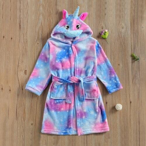5-9Y Children Hooded Bathrobe Tie-dye 3D Unicorn Flannel Sleep Robes with Adjustable Belt Soft Warm Sleepwear Home Clothing