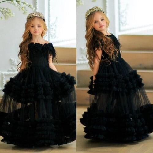 Black Flowers Girls Dresses Tiered Ruffles Feather Off Shoulder Floor Length Kids Teens Pageant Gowns Birthday Party Dress