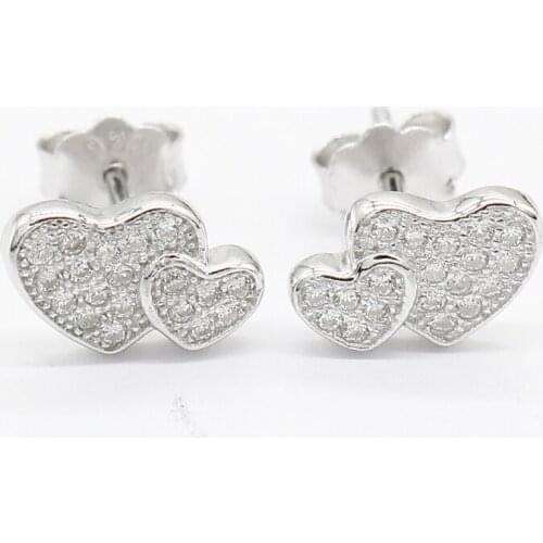 925 Sterling Silver Stud Earrings Double Hearts Heartbeats with Small CZ Ear Jewelry for Women Girls Wedding Engagement Gift