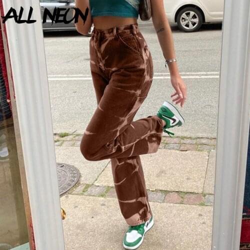 ALLNeon Vintage Streetwear Tie Dye High Waist Jeans Y2K Aesthetics Brown Denim Trousers Indie Outfits 90s E-girl Pants Straight