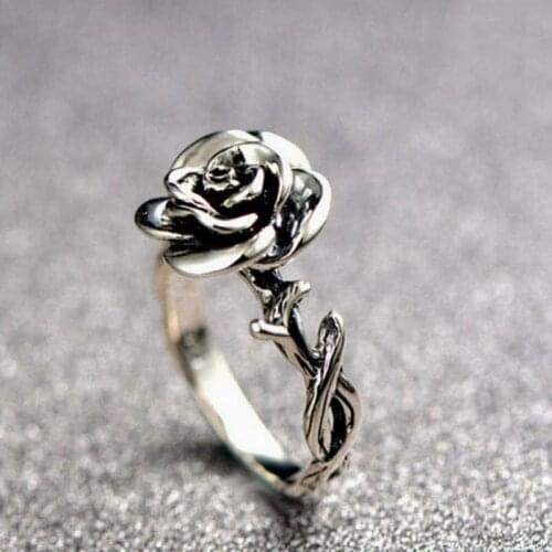 Simple Metal Ancient Silver Color Rose Flower Ring Vintage Carved Small Flower Branch Ring For Women New Engagement Gift